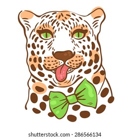 print for t-shirts, vector illustration of the face of a leopard with its tongue hanging out in a bow-tie