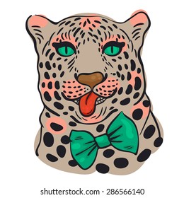 print for t-shirts, vector illustration of the face of a leopard with its tongue hanging out in a bow-tie