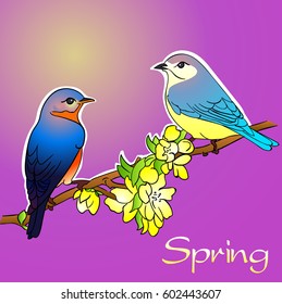 Print two birds on a blossoming branch on a background of sunlight