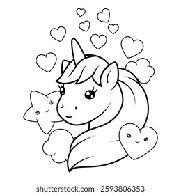 Print with unicorn. Happy birthday party design.