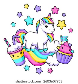 Print with unicorn. Happy birthday party design.