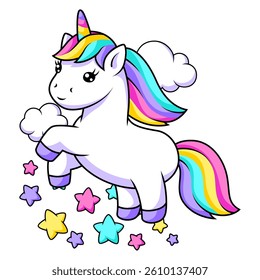 Print with unicorn. Happy birthday party design.