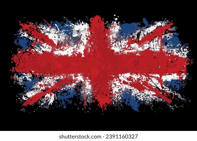 Print Union Jack, Great Britain UK flag Grunge texture emblem with drops on black 