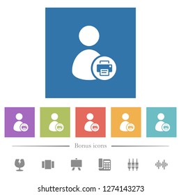 Print user account flat white icons in square backgrounds. 6 bonus icons included.