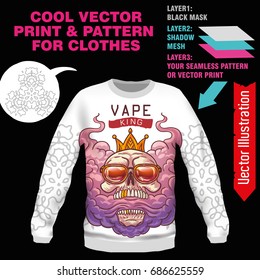 Print Vape KING, swag. Vector layout, sublimation print for printing on clothes, sweatshirts, tshirts, tank top. Vector illustration for sublimation, silkscreen, thermal transfer. Online constructor