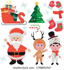 Print Vector cartoon icons of Christmas decorative elements. 