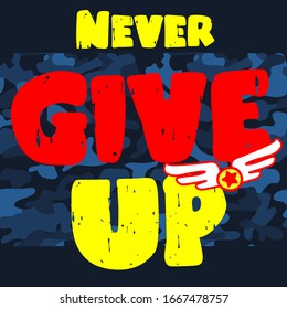 Print vector design with camouflage texture. Military typography slogan with army badge.