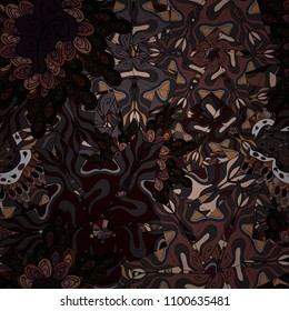 Print. Vector. Design wrapping and gift paper, greeting cards, banner and posters design. Fashionable fabric pattern. Doodles gray, black, brown, neutral and purple on colors.