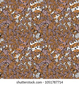 Print. Vector. Doodles black, orange and neutral on colors. Fashionable fabric pattern.