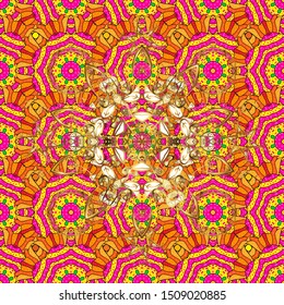 Print. Vector. Fashionable fabric pattern. Doodles magenta, yellow and orange on colors. Design wrapping and gift paper, greeting cards, banner and posters design.