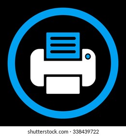 Print vector icon. Style is bicolor flat rounded symbol, blue and white colors, rounded angles, black background.