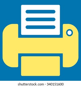 Print vector icon. Style is bicolor flat symbol, yellow and white colors, rounded angles, blue background.