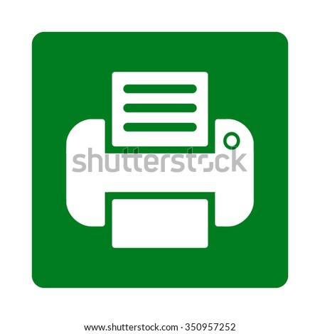 Print vector icon. Style is flat rounded square button, white and green colors, white background.