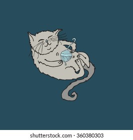 Print - Vector illustration of a cat playing with a ball of wool. 