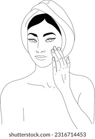 Print. Vector illustration of skin care. Beautiful woman face illustration. Girl put cream on face