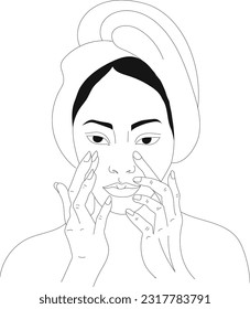 Print. Vector illustration of skin care. Beautiful woman face illustration. Girl put cream on face