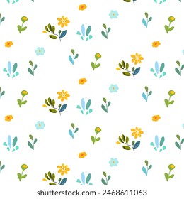 Print. Vector illustrationSeamless pattern featuring simple, bright flowers and plants in folk art style on a white background. Ideal for textiles, wallpapers, and spring designs. Incorporates vibrant