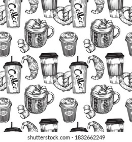 Print vector seamless pattern of coffee and pastries. Vector black and white line illustration. Coffee, doughnuts, pastries.