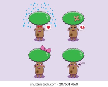 Print vector set cute tree cartoon character icon illustration