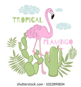 Print vector tropical flamingo. leaves and cactus. Hand draw illustration.