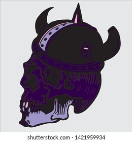 Print with viking skull in a horned helmet.