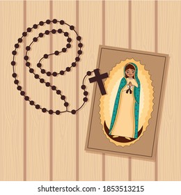 print of the virgin of guadalupe with holy rosary over wooden background. vector illustration