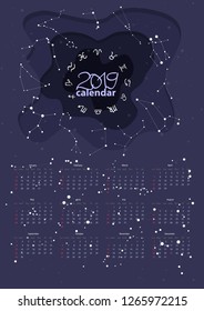 Print for wall calendar 2019 in cartoon style with astronomically correct constellations and symbols of zodiac signs. Dark blue background