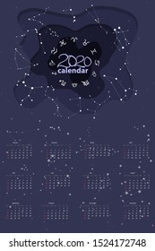 Print for wall calendar 2020 in cartoon style with astronomically correct constellations and symbols of zodiac signs. Dark blue background