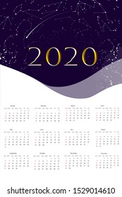 Print for wall calendar 2020 in cartoon style with a starry sky and a shooting star. Dark blue background
