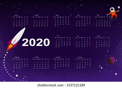 Print for wall calendar 2020 in cartoon style space background with rocket and astronaut in outer space