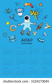 Print for wall calendar 2020 with STEM set of illustrations. Astronaut, androids and other scientific elements in hand drawing style
