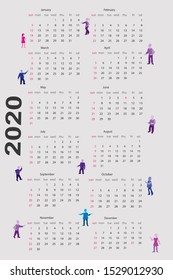 Print for wall calendar 2020 with the teamwork of little colorful men. Concept of teamwork during the working year, light background