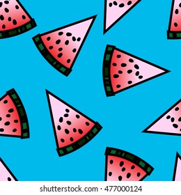 Print with watermelon slices on blue background. Cute summer illustration. Simple vector backdrop. Seamless pattern. Retro style.