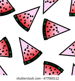 Print with watermelon slices on white background. Cute summer illustration. Simple vector backdrop. Seamless pattern. Retro style.