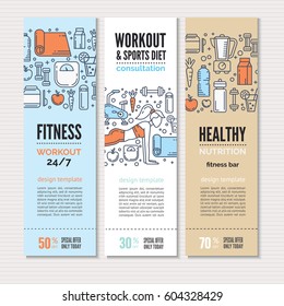 Print or web banners design template for  fitness studio, gym facility or health industry. Line style vector illustration. Ideal for business layout.