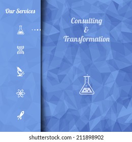 Print or website landing page template. Abstract blue vector mosaic pattern and sidebar with icons. Vector illustration