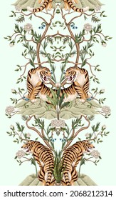 Print with white peonies trees and tigers in chinoiserie style. Interior wallpaper