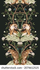 Print with white peonies trees and tigers in chinoiserie style. Interior wallpaper