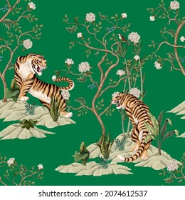 Print with white peonies trees and tigers in chinoiserie style. Interior wallpaper