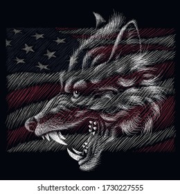 The print of wolf  for tattoo or T-shirt design or outwear.  Cute print Independence eagle Day July 4th style background.