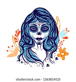 Print with woman as sugar skull Calavera Catrina. Mexican carnival Dia de los muertos (Day of the dead) concept with girl.