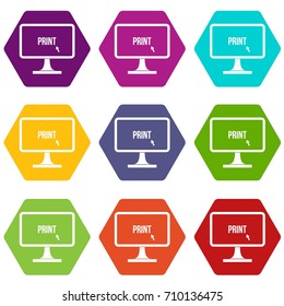 Print word on a computer monitor icon set many color hexahedron isolated on white vector illustration