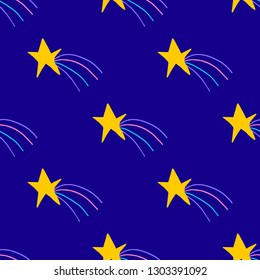 Print with yellow hand drawn stars with purple, pink, blue rays on dark blue background. Perfect for kids design. Vector illustration.