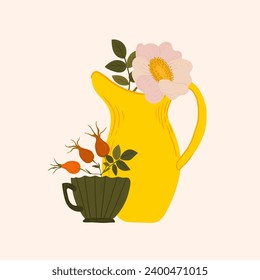 print with a yellow jug and a cup with rose hips. cute cozy kitchen poster