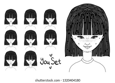 Print for your design. Concept for print, emoticons for emoticons of your gadget, stickers. Large set of illustrations. The girl and her different emotions. Teenager as an avatar for the account. 