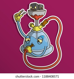 Print for youth teen t-shirt. Vector doodle illustrator. Cute cartoon character: animated hookah with eyes smokes itself. Animated coals with smile. Harm of smoking. Sticker for gift for an adult man