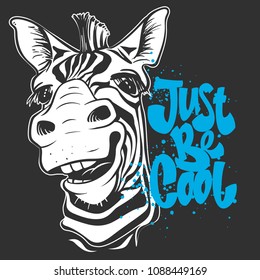 print with zebra images and text, t-shirt design.