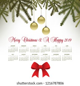 PrintA pine motif Merry Christmas background with a 2019 calendar for print or web use