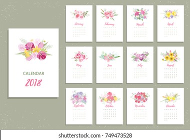 Printable 2018 Calendar with pretty colorful flowers. Vector illustration