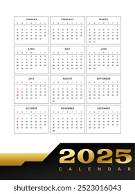 printable 2025 annual calendar layout in black golden color vector